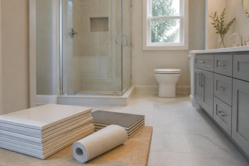 Finished bathroom remodel with neatly arranged materials beside it