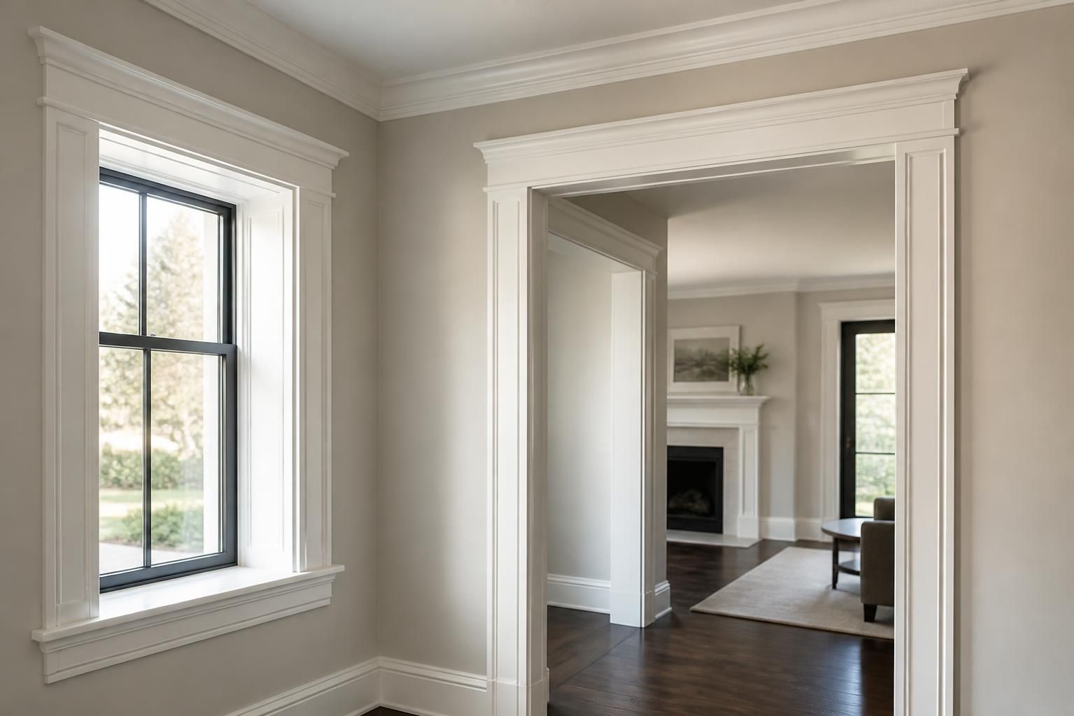 Crisp custom trim work around finished interior windows and doors