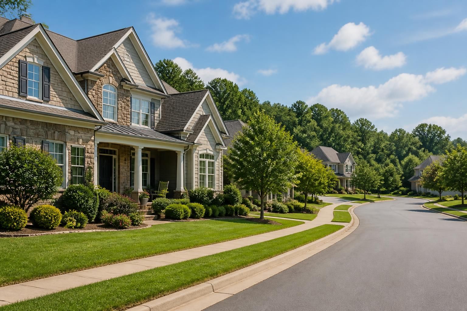 Refined suburban homes with green lawns in Farragut