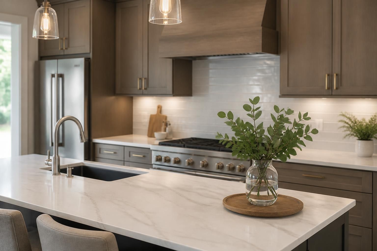 Finished kitchen remodel with cabinetry, island countertop, and backsplash
