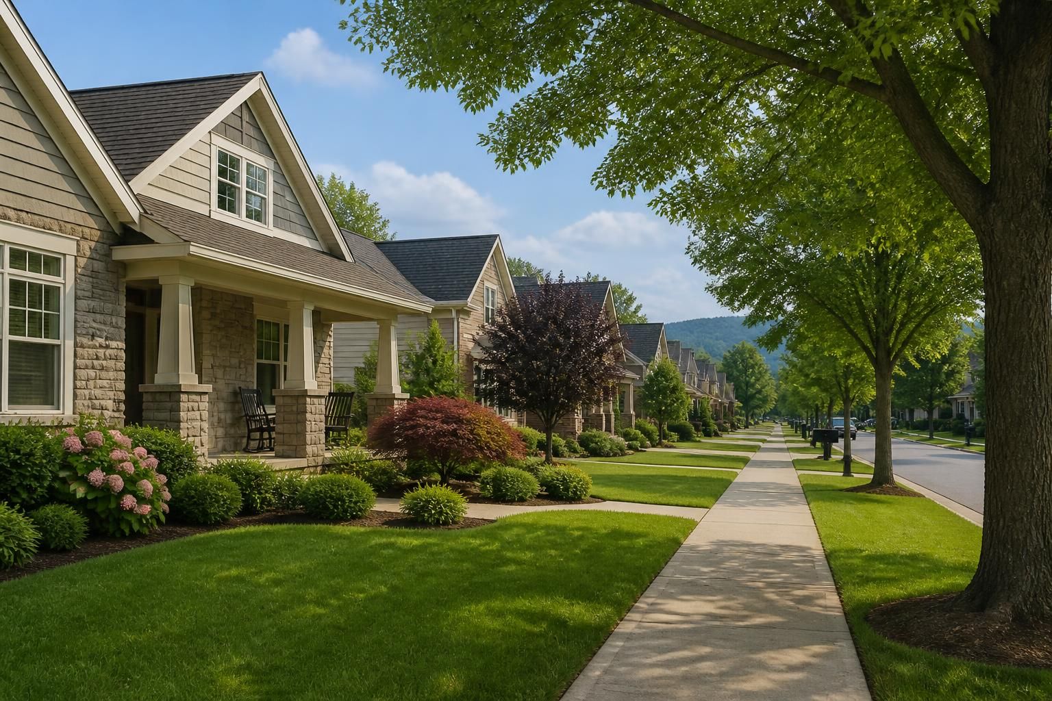 Tree-lined residential street with well-kept homes in Maryville