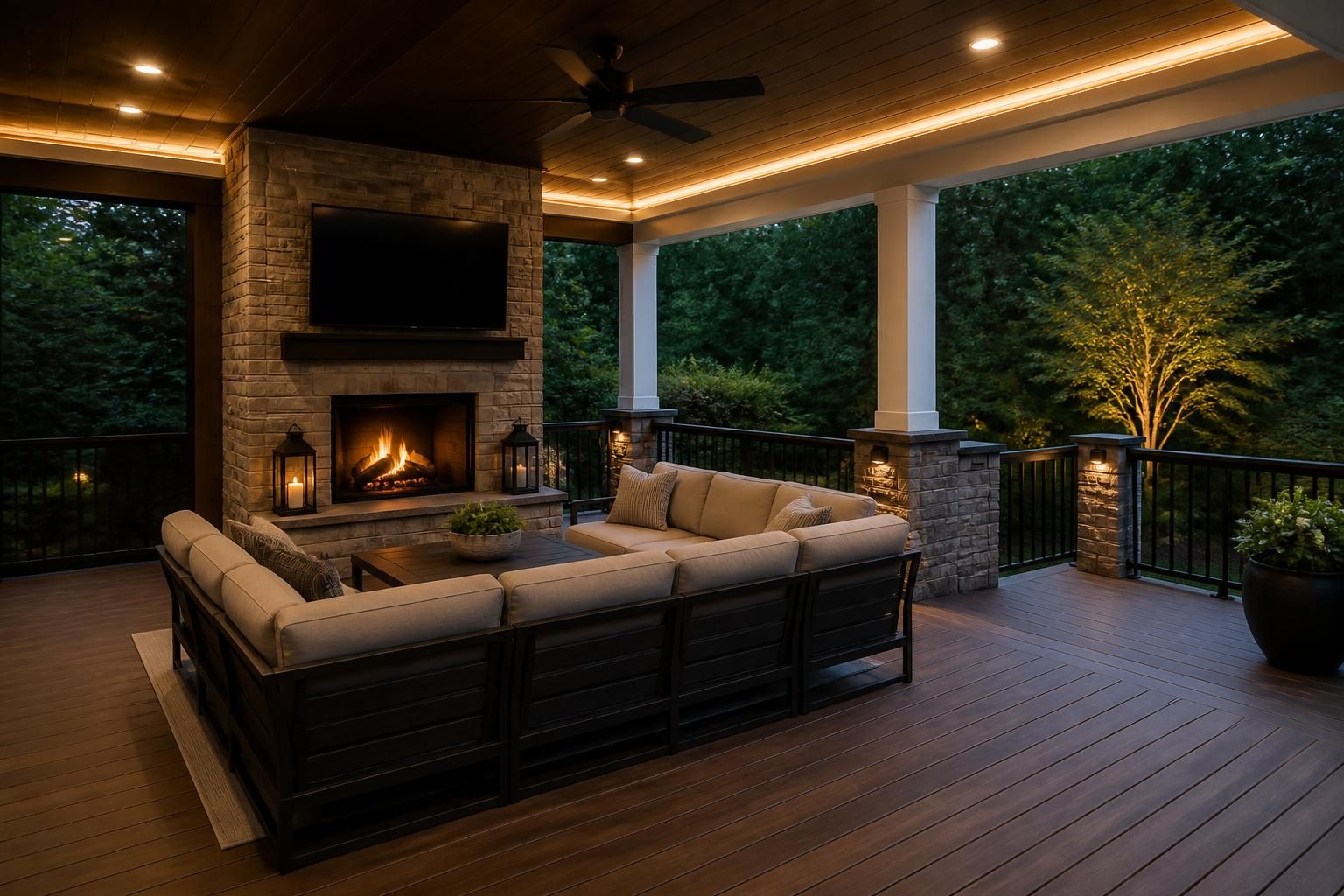 Finished outdoor living space with covered seating and deck flooring