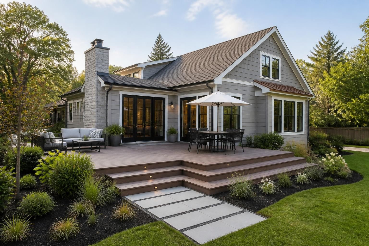 Renovated home exterior with a custom deck and outdoor living space